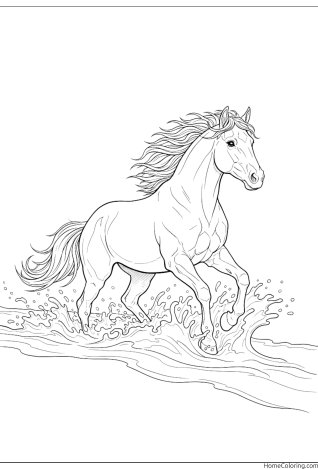 Coloring page: a proud stallion with a strong build and flowing tail.