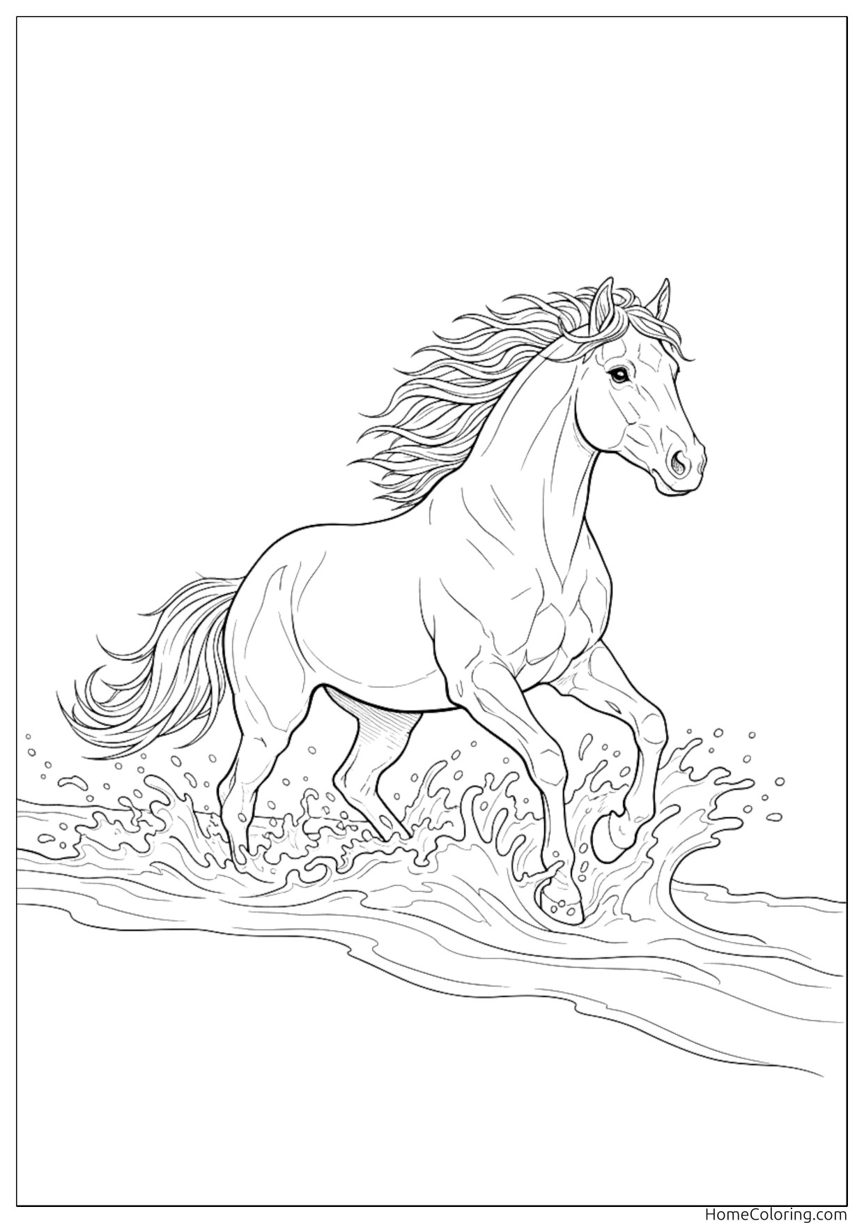 Coloring page: a proud stallion with a strong build and flowing tail.