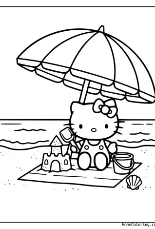 Coloring page: Hello Kitty standing with a big red bow.