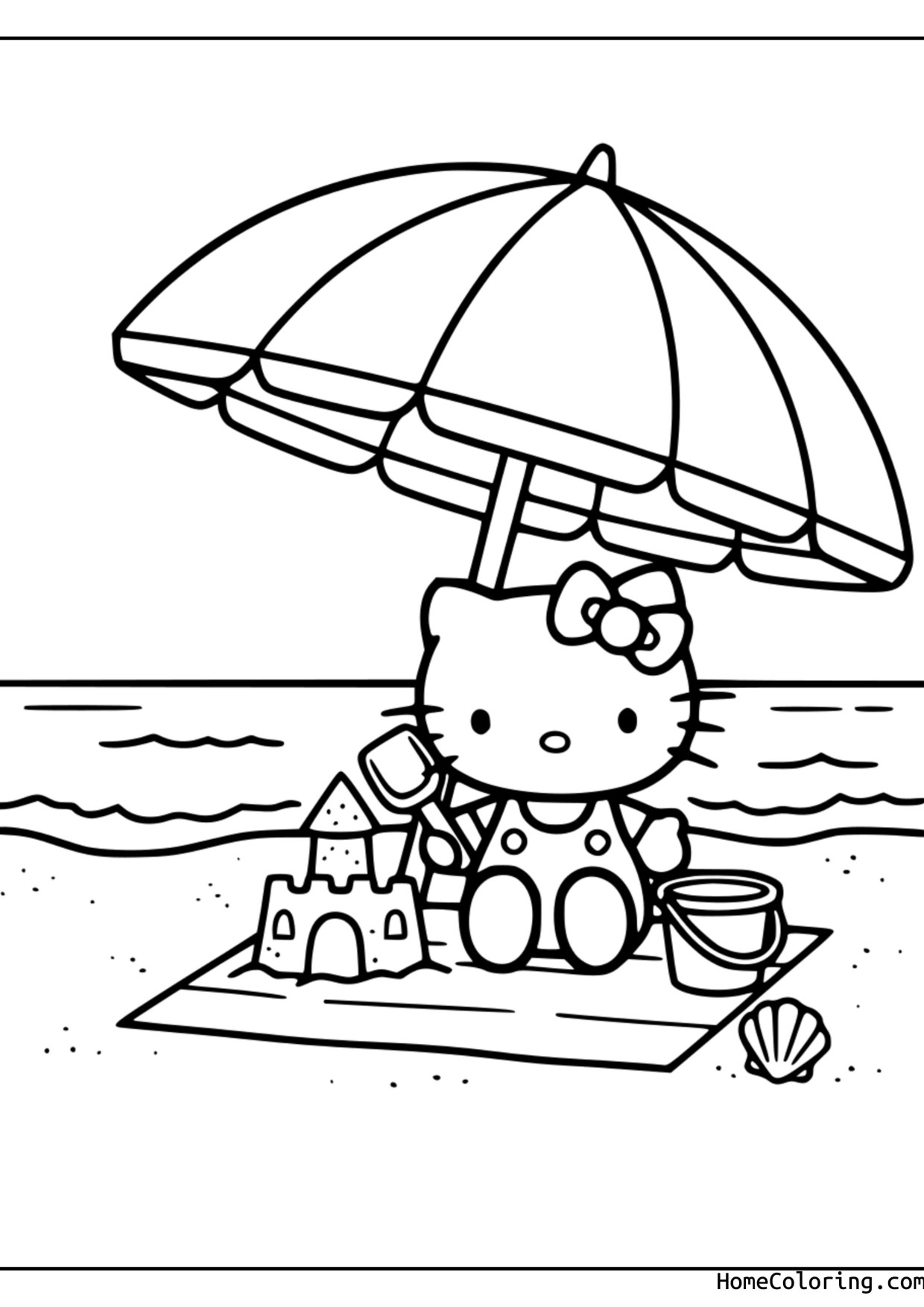 Coloring page: Hello Kitty standing with a big red bow.