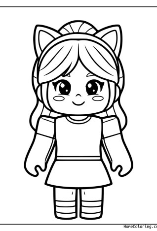 Coloring page: A Roblox girl with a cat-ear headband and a skirt.