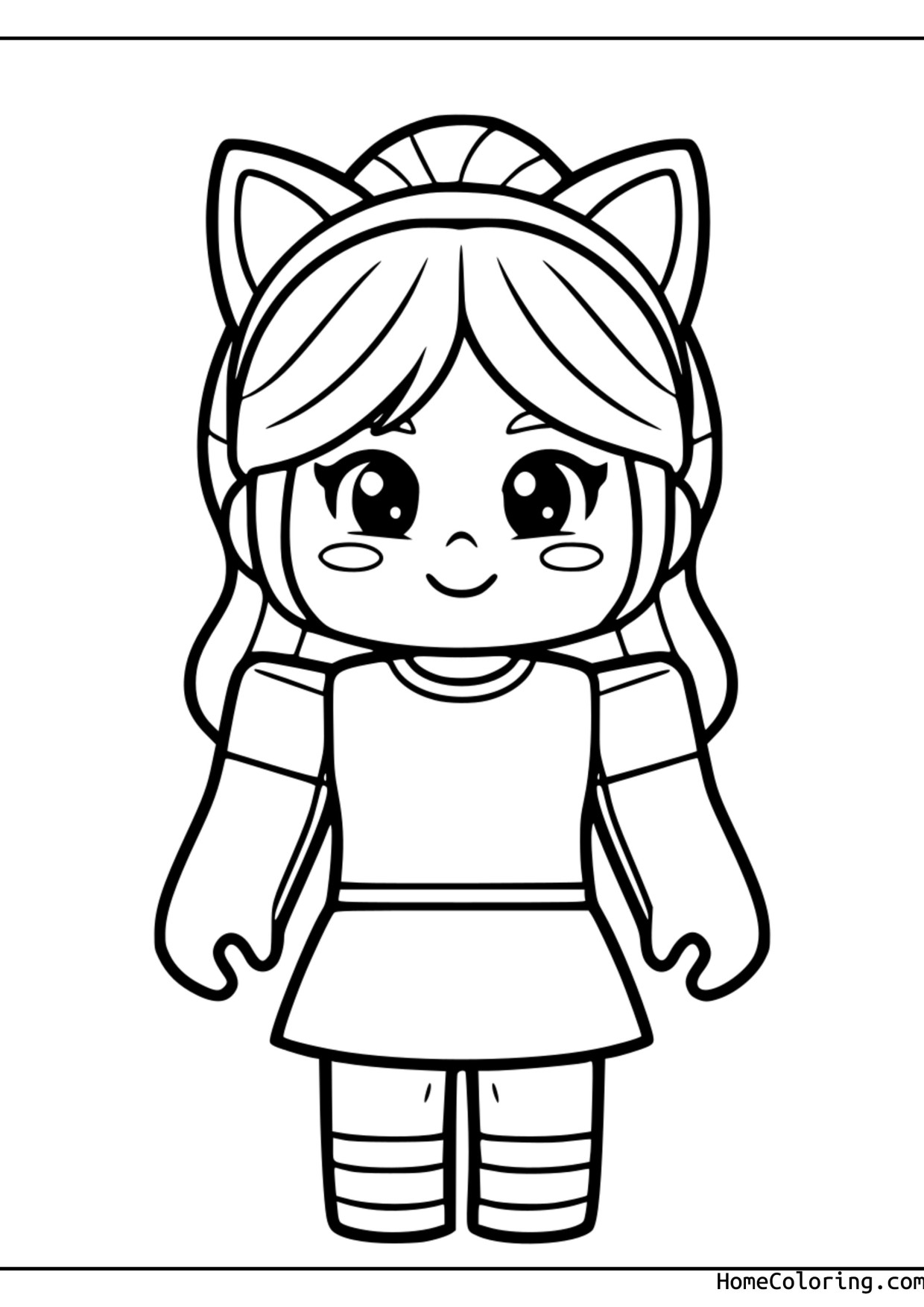 Coloring page: A Roblox girl with a cat-ear headband and a skirt.