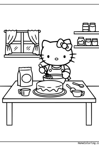 Coloring page: Hello Kitty in an apron stirring a pot.