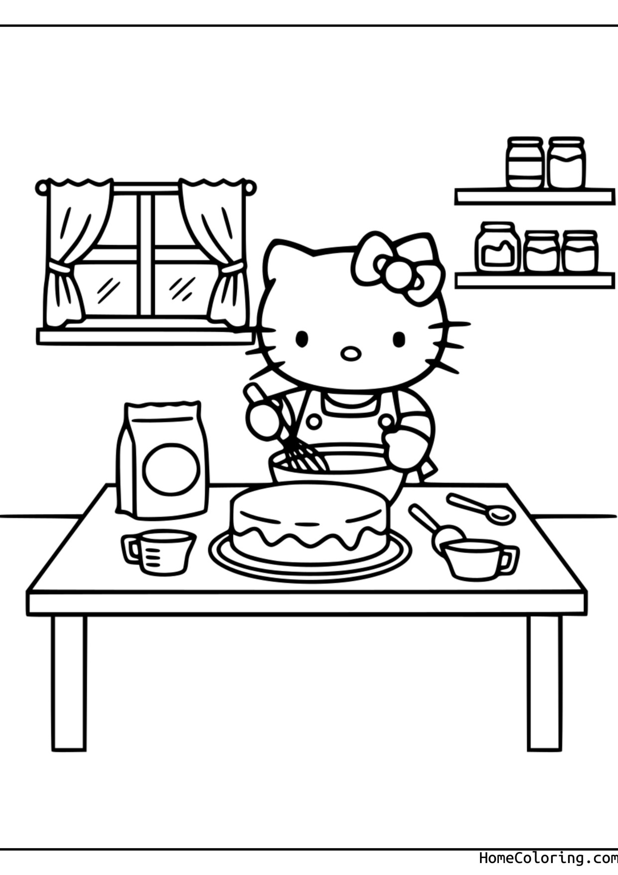 Coloring page: Hello Kitty in an apron stirring a pot.