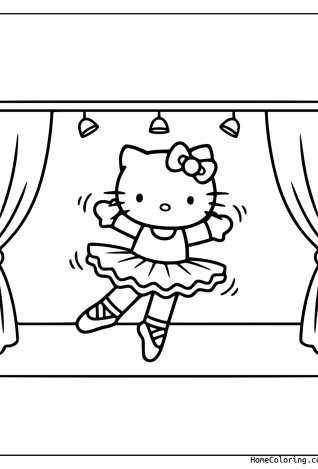 Coloring page: Hello Kitty as a ballerina in a tutu.