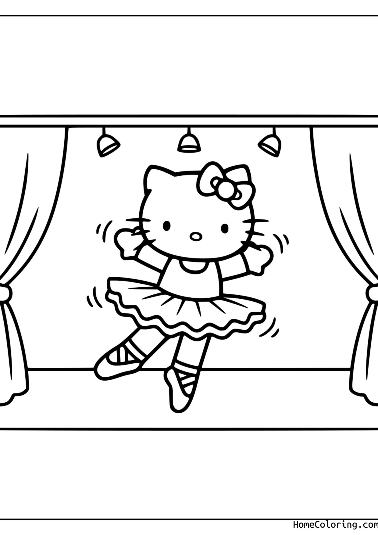 Coloring page: Hello Kitty as a ballerina in a tutu.