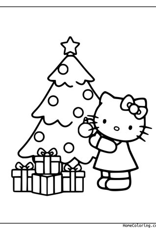 Coloring page: Hello Kitty next to a Christmas tree with gifts.