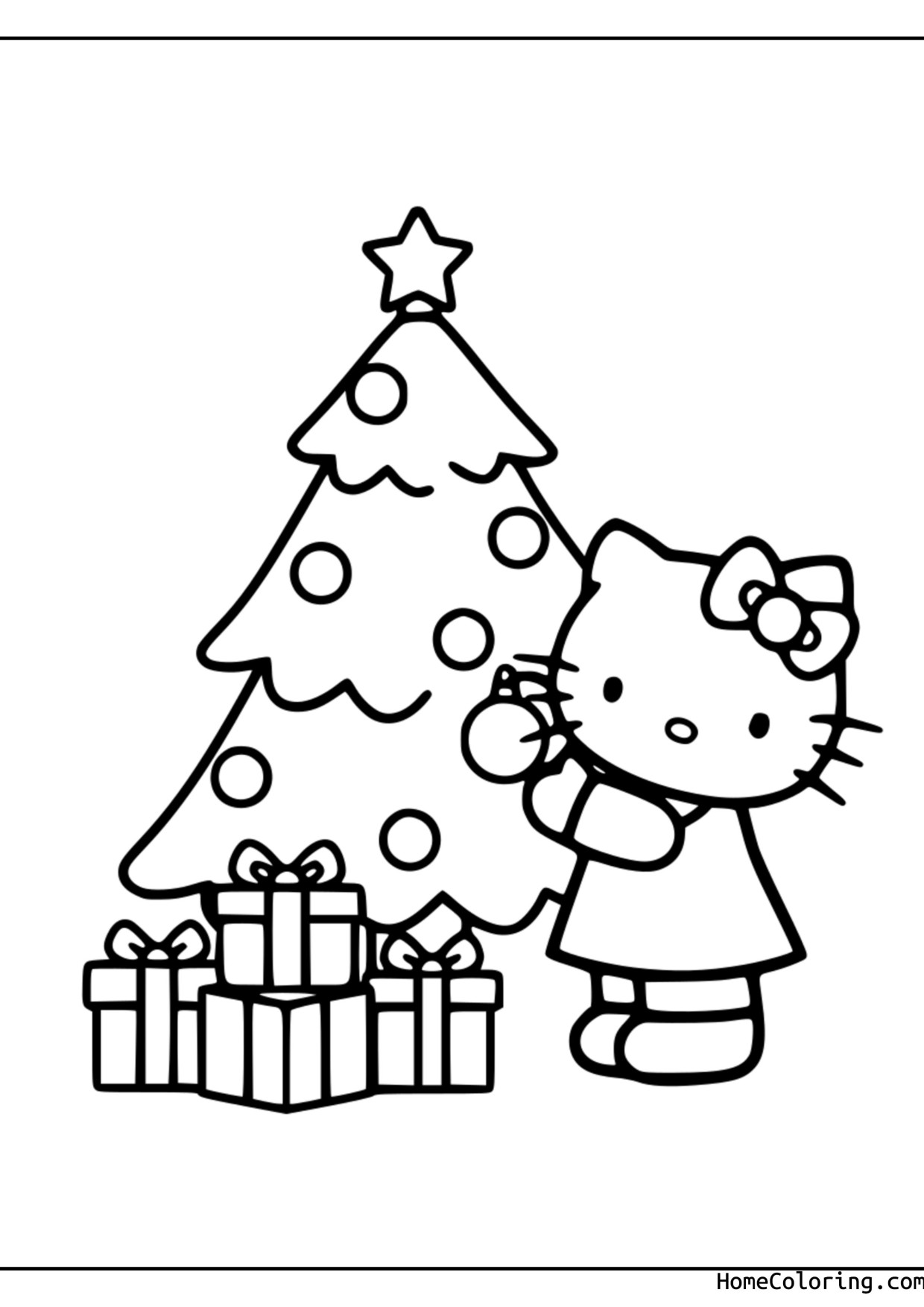Coloring page: Hello Kitty next to a Christmas tree with gifts.