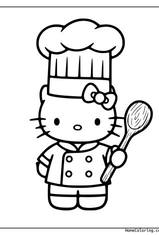 Coloring page: Hello Kitty holding a big cookie.