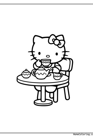 Coloring page: Hello Kitty drinking a cup of tea.