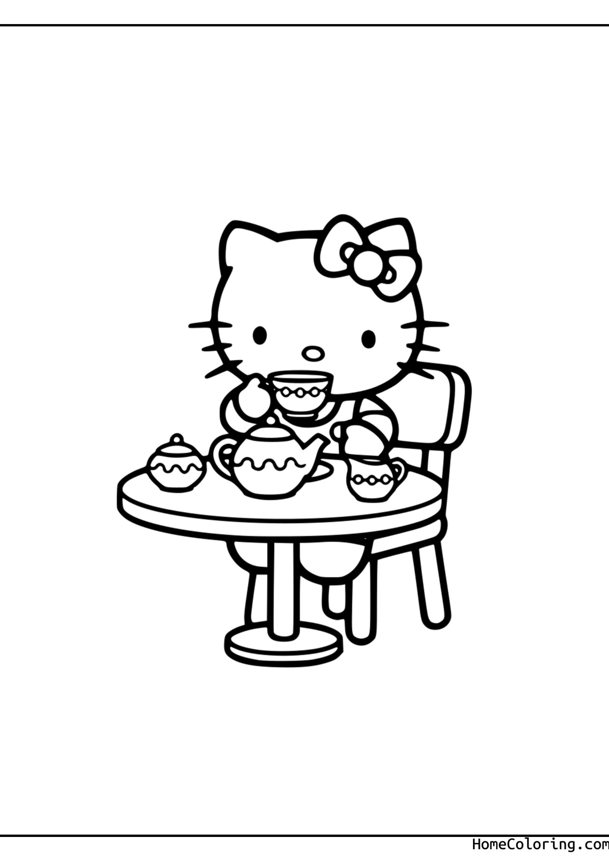 Coloring page: Hello Kitty drinking a cup of tea.