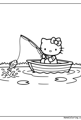 Coloring page: Hello Kitty fishing with a rod by the water.