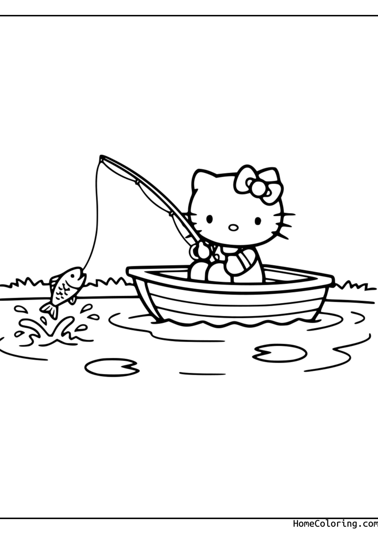 Coloring page: Hello Kitty fishing with a rod by the water.