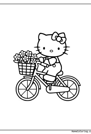 Coloring page: Hello Kitty riding a bicycle.