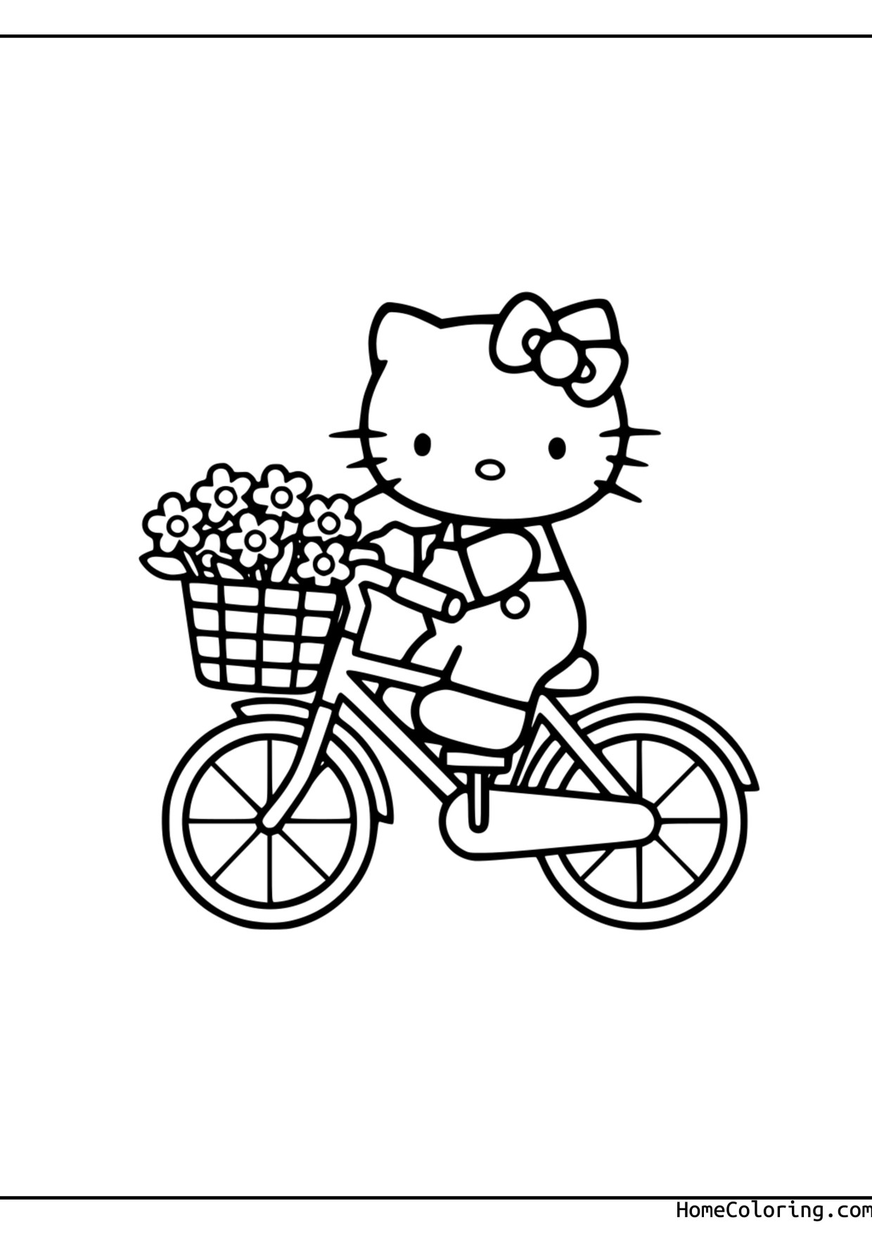 Coloring page: Hello Kitty riding a bicycle.