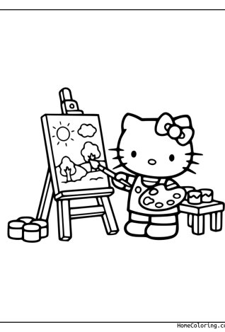 Coloring page: Hello Kitty painting with a brush and palette.
