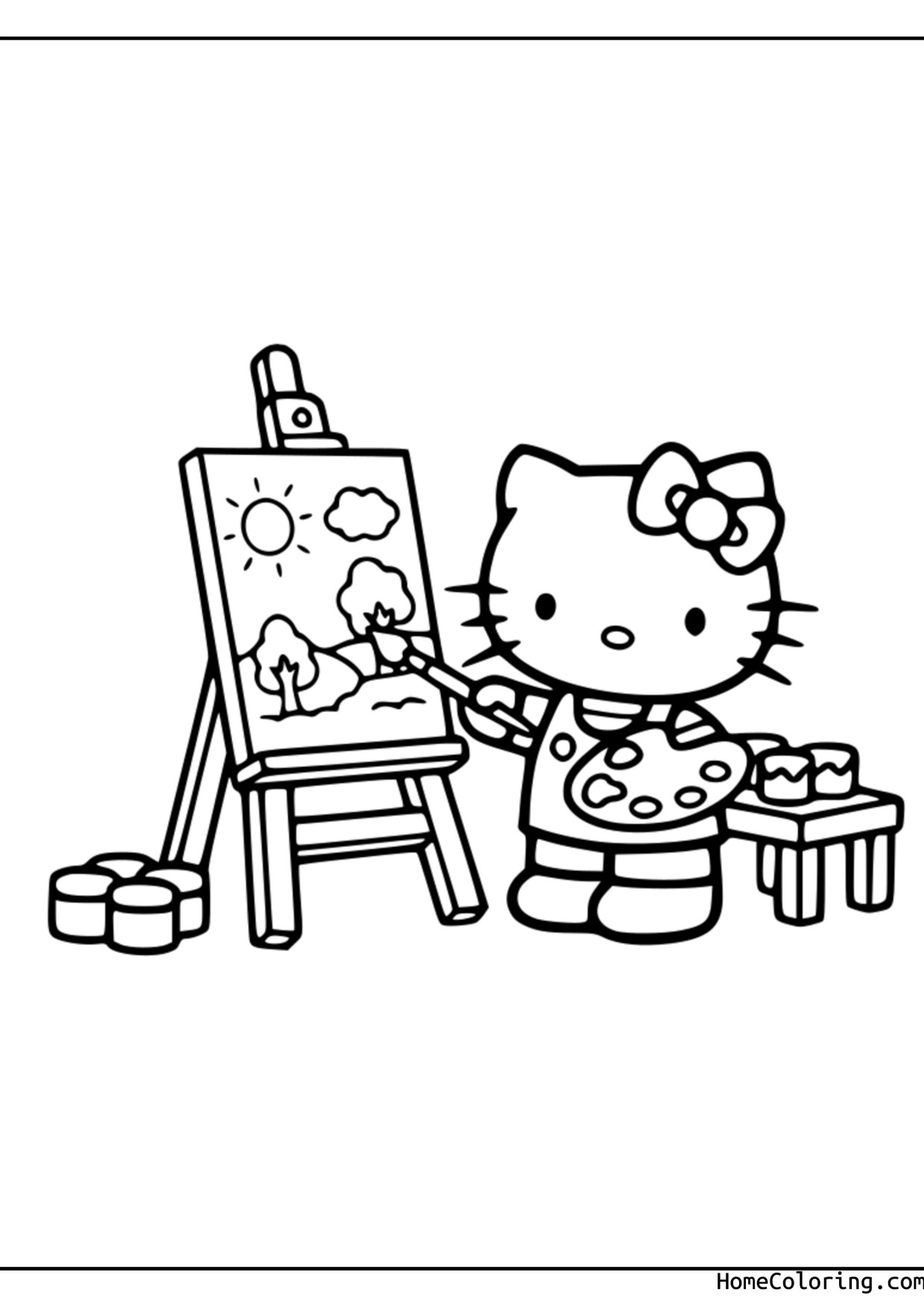 Coloring page: Hello Kitty painting with a brush and palette.