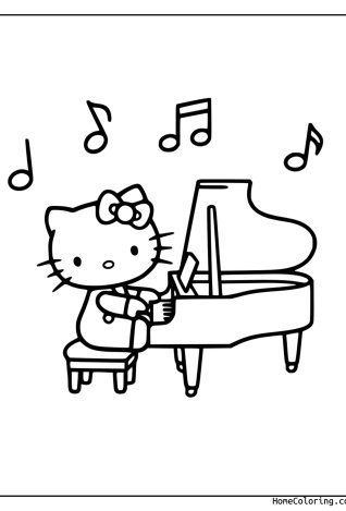 Coloring page: Hello Kitty playing the piano.