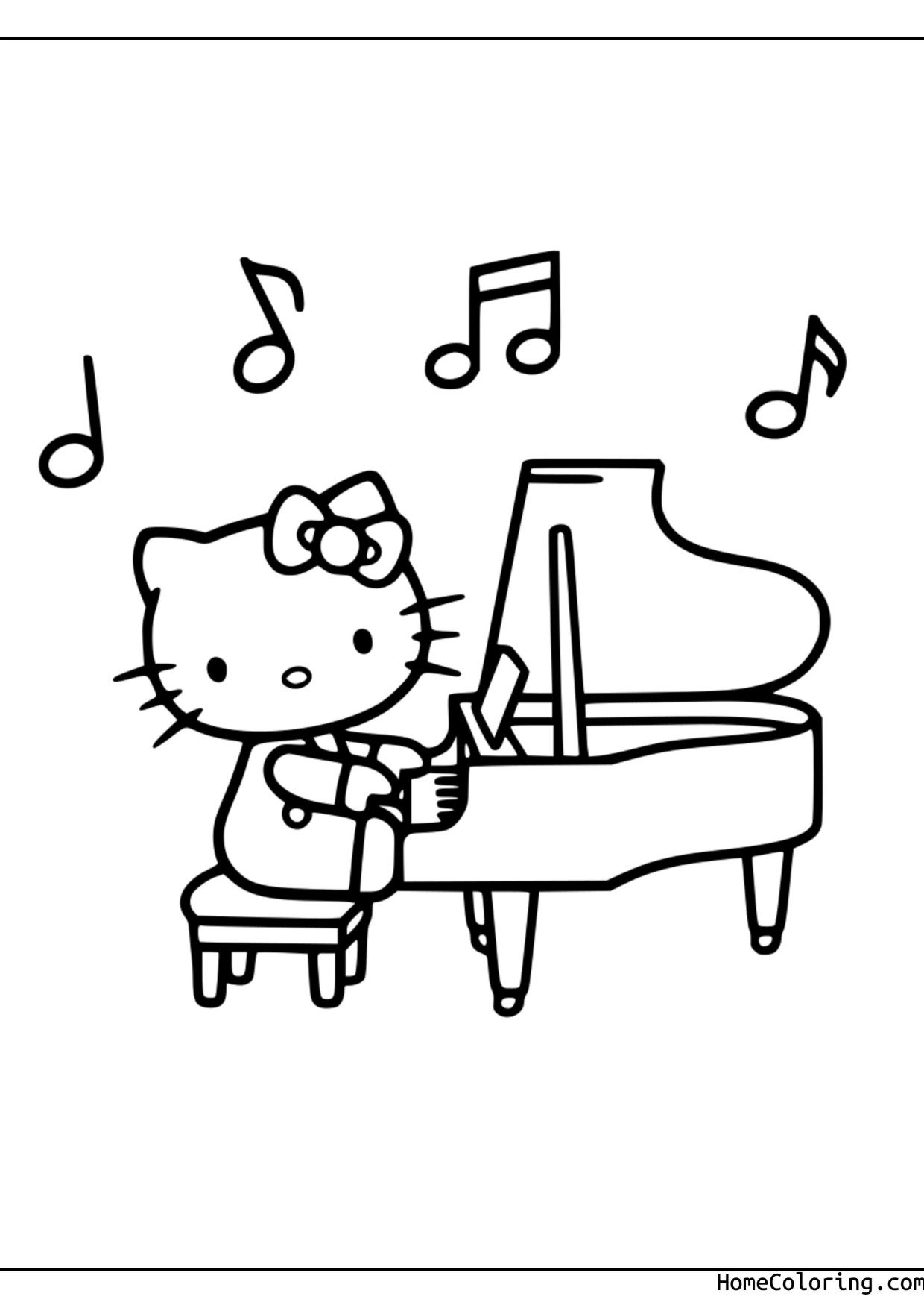 Coloring page: Hello Kitty playing the piano.