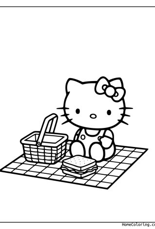 Coloring page: Hello Kitty at a picnic with a basket.
