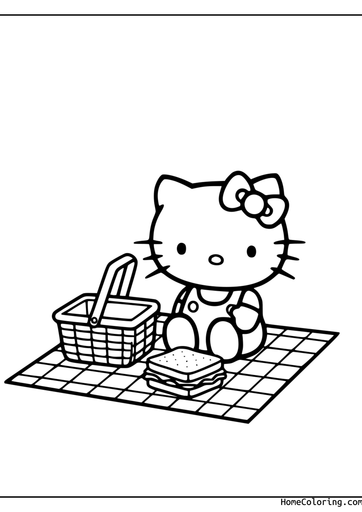 Coloring page: Hello Kitty at a picnic with a basket.