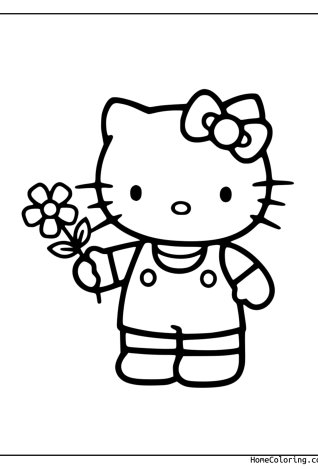 Coloring page: Hello Kitty holding a flower.