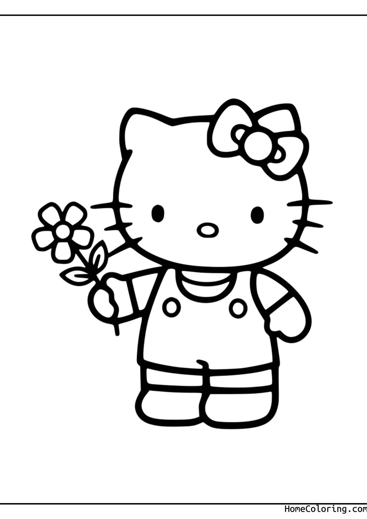 Coloring page: Hello Kitty holding a flower.