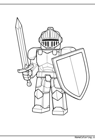 Coloring page: A Roblox knight in full armor holding a sword and a shield.