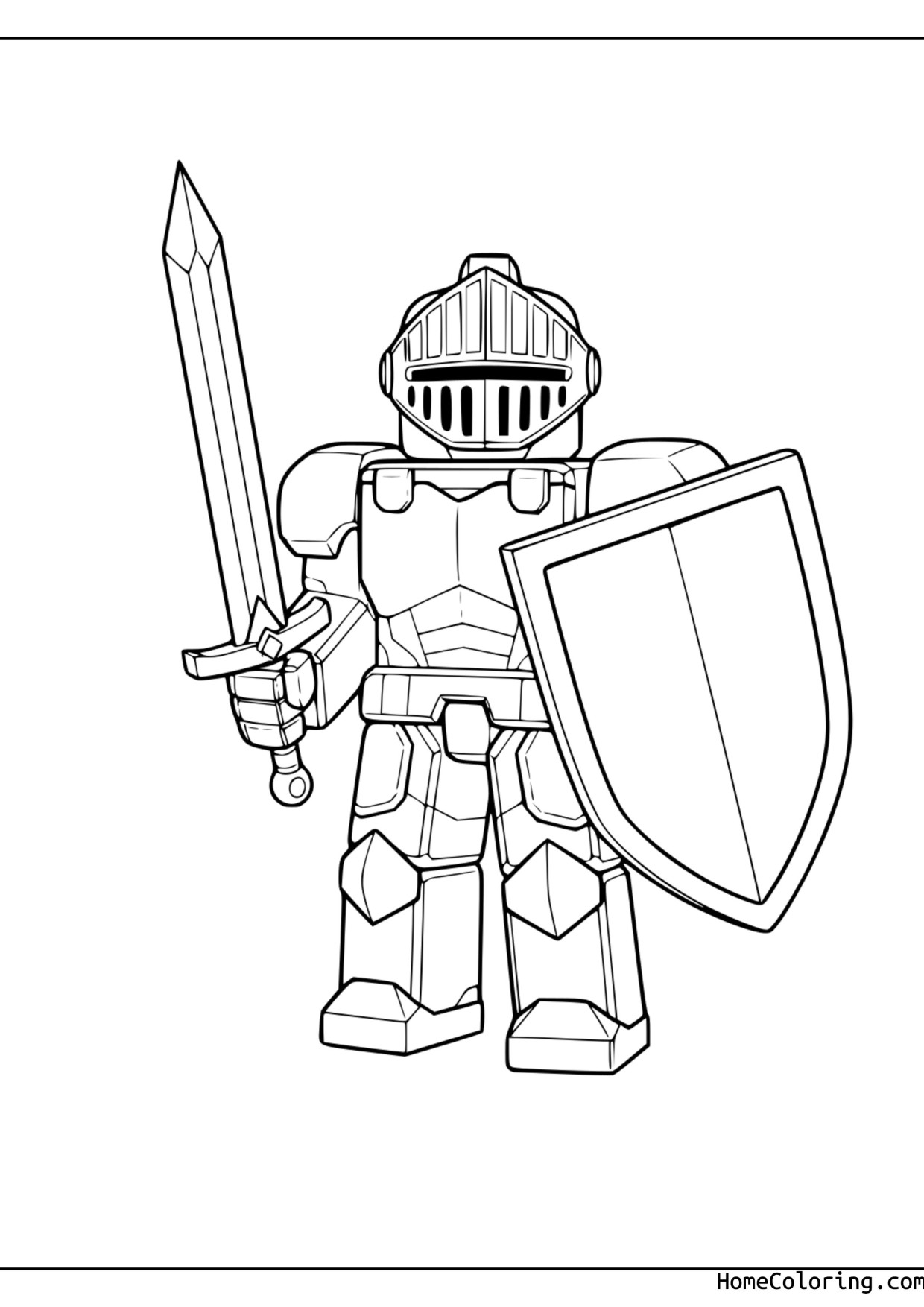 Coloring page: A Roblox knight in full armor holding a sword and a shield.