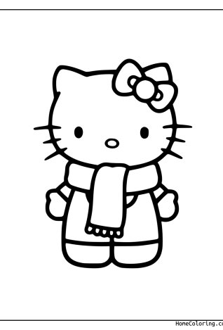 Coloring page: Hello Kitty with a warm scarf in the snow.