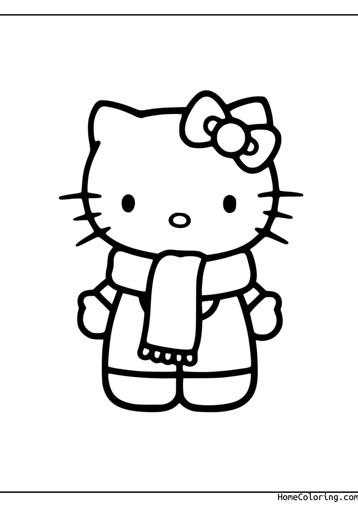 Coloring page: Hello Kitty with a warm scarf in the snow.