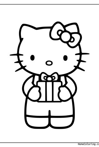 Coloring page: Hello Kitty holding a wrapped gift.