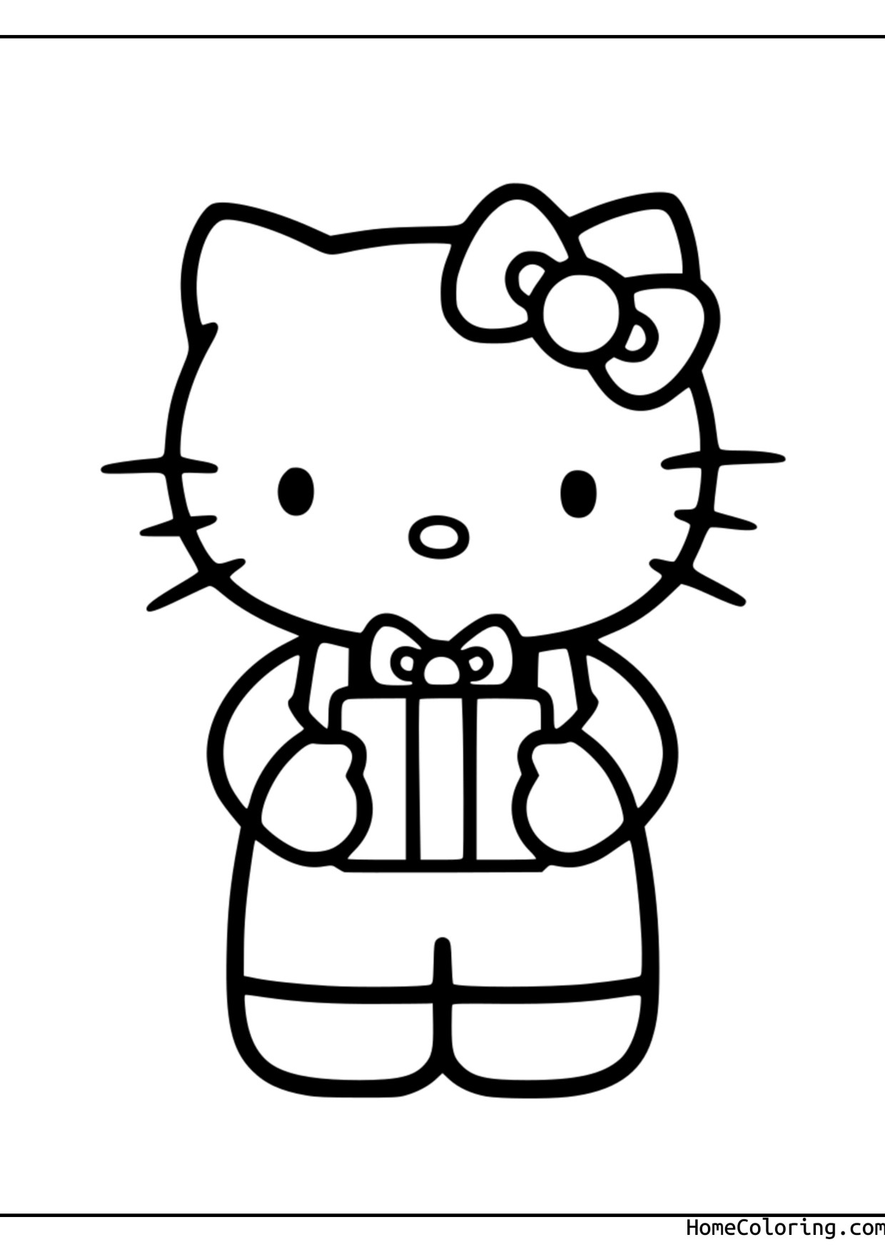 Coloring page: Hello Kitty holding a wrapped gift.