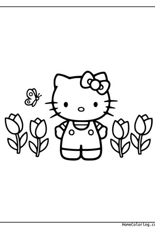 Coloring page: Hello Kitty with a bunch of flowers.