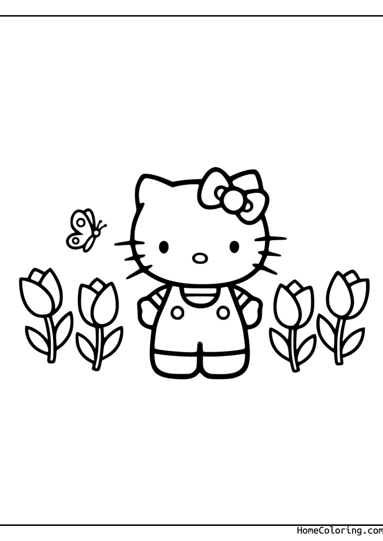 Coloring page: Hello Kitty with a bunch of flowers.