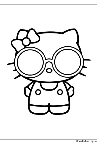 Coloring page: Hello Kitty wearing round glasses.