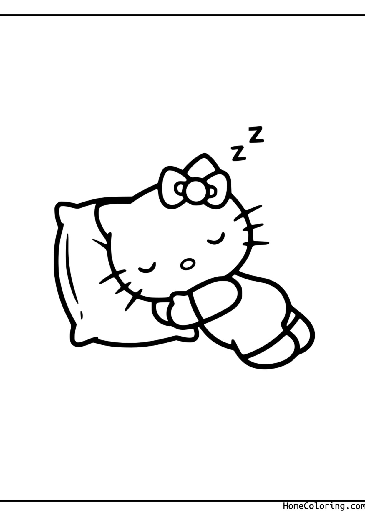 Coloring page: Hello Kitty sleeping with closed eyes.
