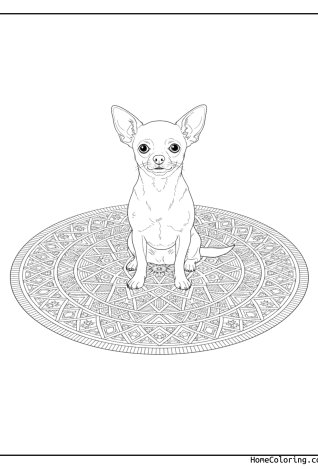 Malvorlage: ein Chihuahua auf einem Mandala-Teppich.