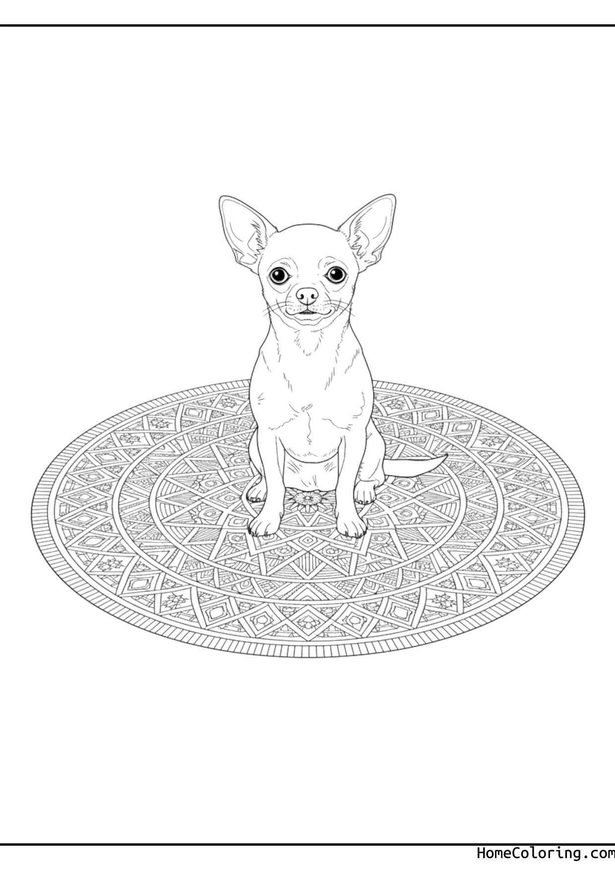 Coloring page: a chihuahua sitting on a patterned mandala rug.