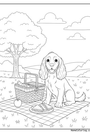 Malvorlage: ein Cocker Spaniel beim Picknick.