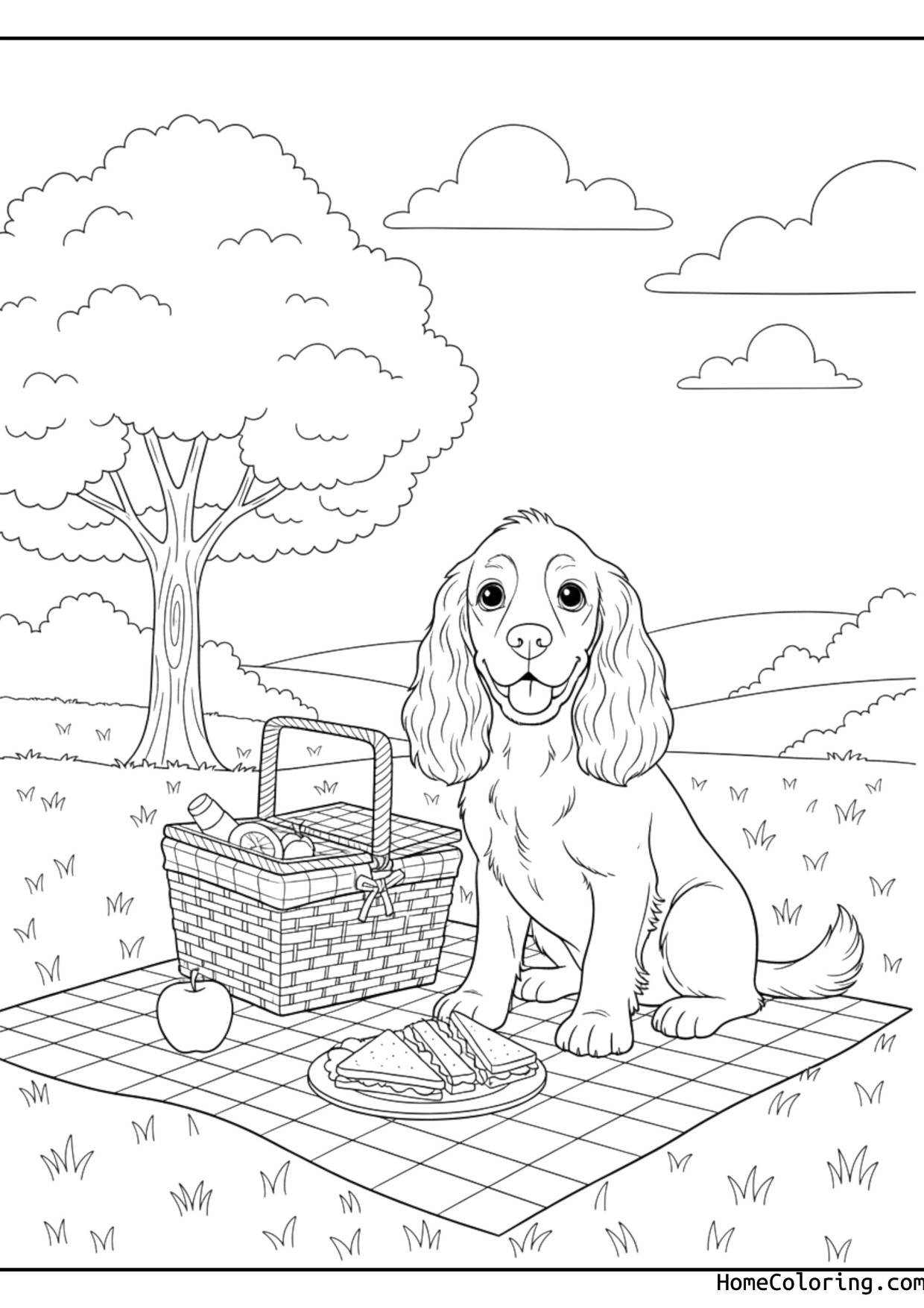 Coloring page: a cocker spaniel enjoying a picnic.