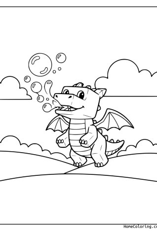 Coloring page: A baby dragon from Pet Simulator sitting on a hill with bubbles.
