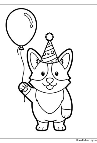 Malvorlage: ein Corgi auf einer Geburtstagsparty mit Luftballons.