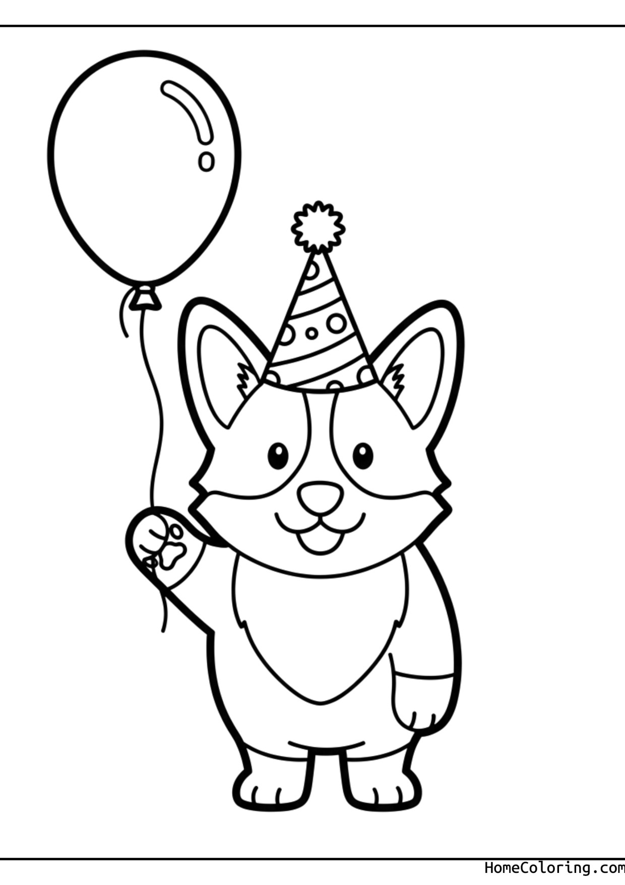 Coloring page: a corgi at a birthday party with balloons.