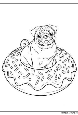 Malvorlage: ein Mops neben einem großen Donut.