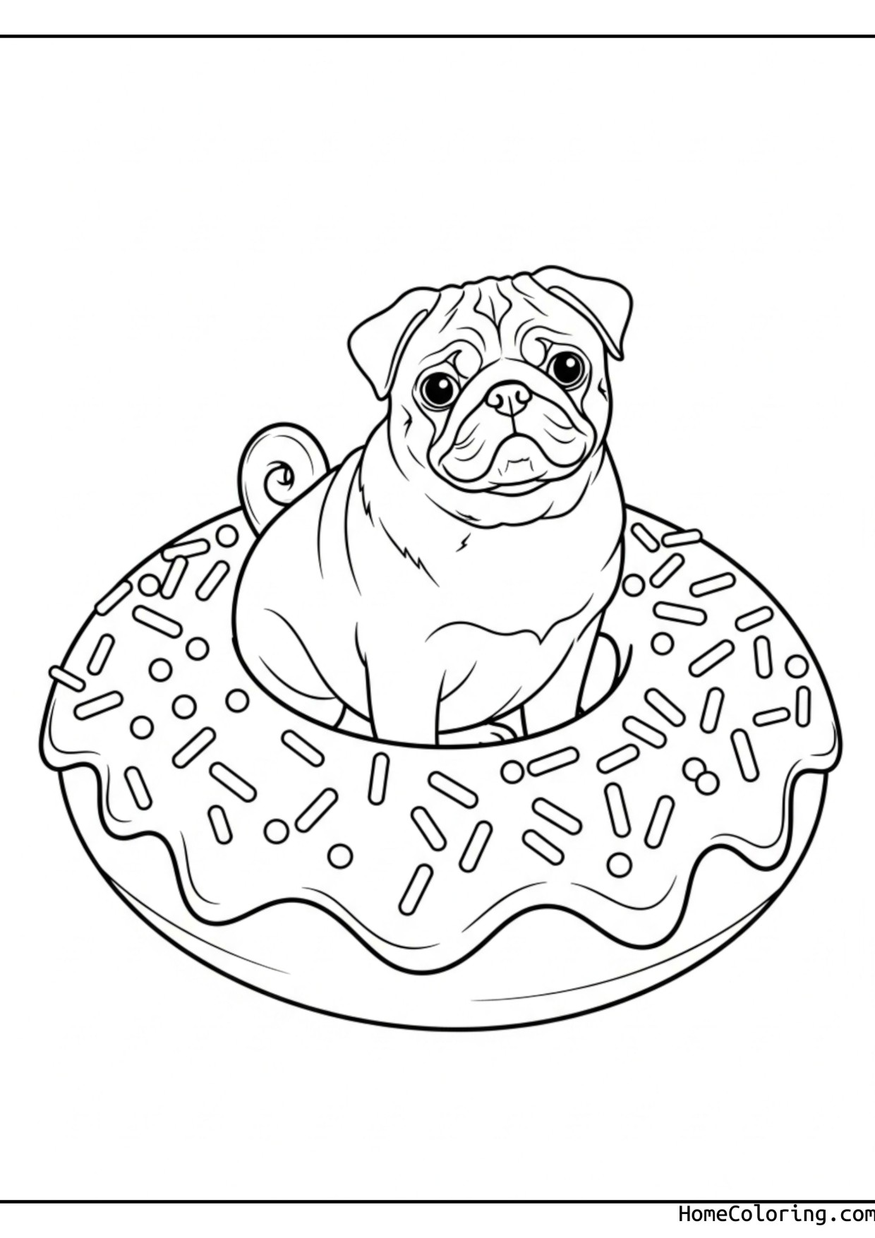 Coloring page: a pug sitting next to a big donut.