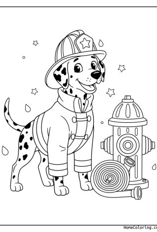 Malvorlage: ein Dalmatiner mit Feuerwehrhelm neben einer Leiter.