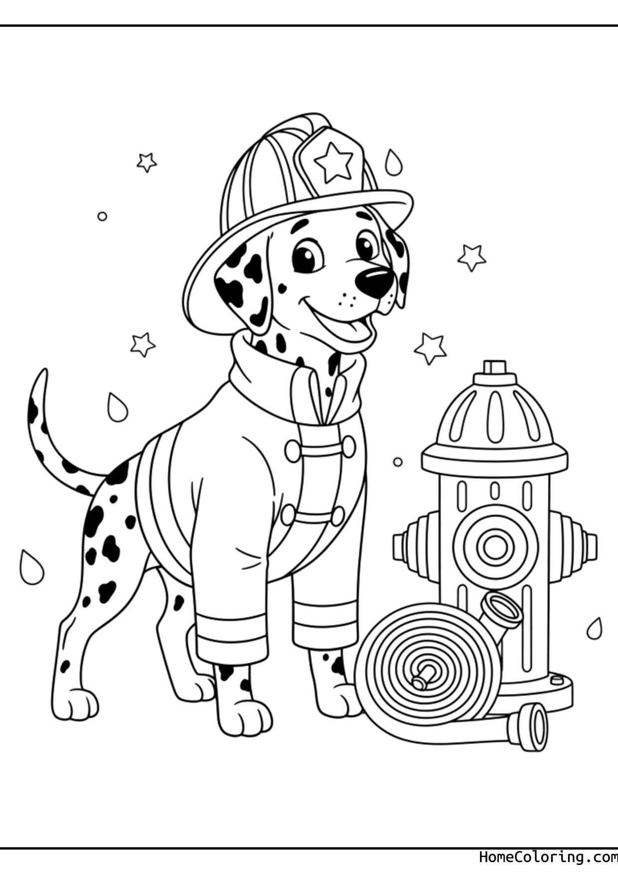 Coloring page: a dalmatian wearing a firefighter helmet next to a ladder.