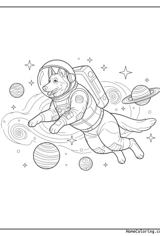 Malvorlage: ein Hund im Astronautenanzug im Weltraum.