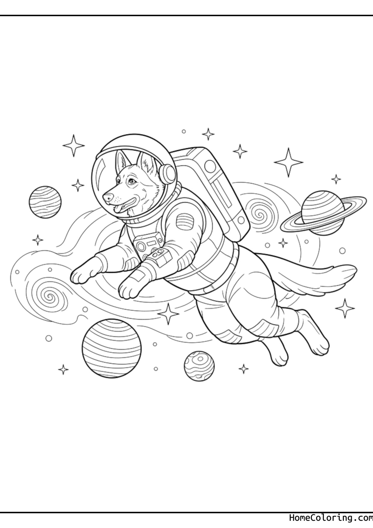 Coloring page: a dog in an astronaut suit floating in space.